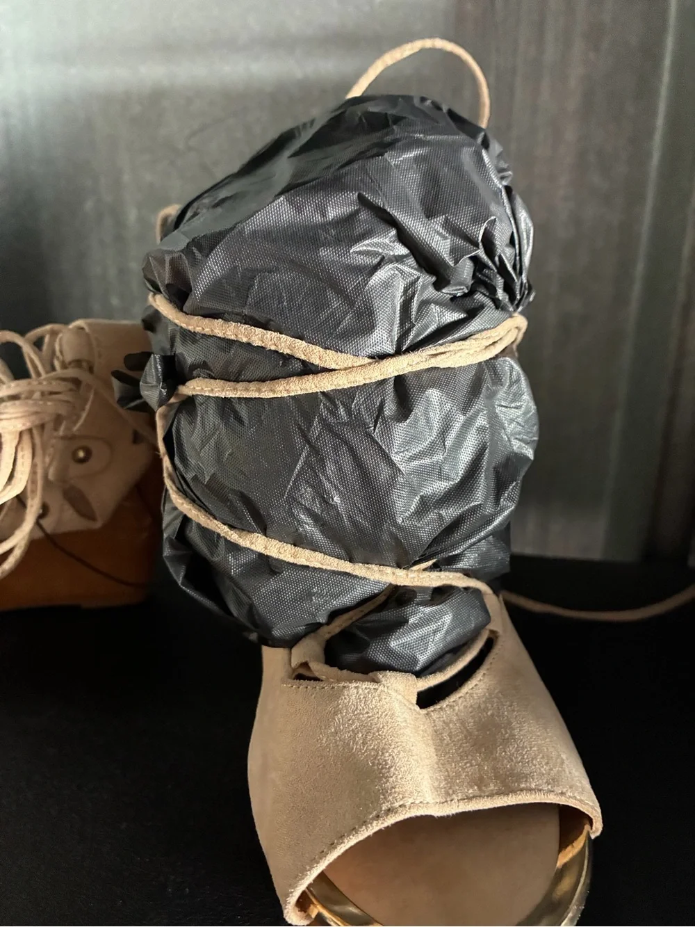 Suede Lace-Up Open-Toe Sandals in Beige